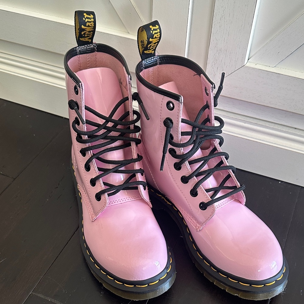 Dr. Martens Glossy Baby Pink Combat Boots - Picture 8 of 8